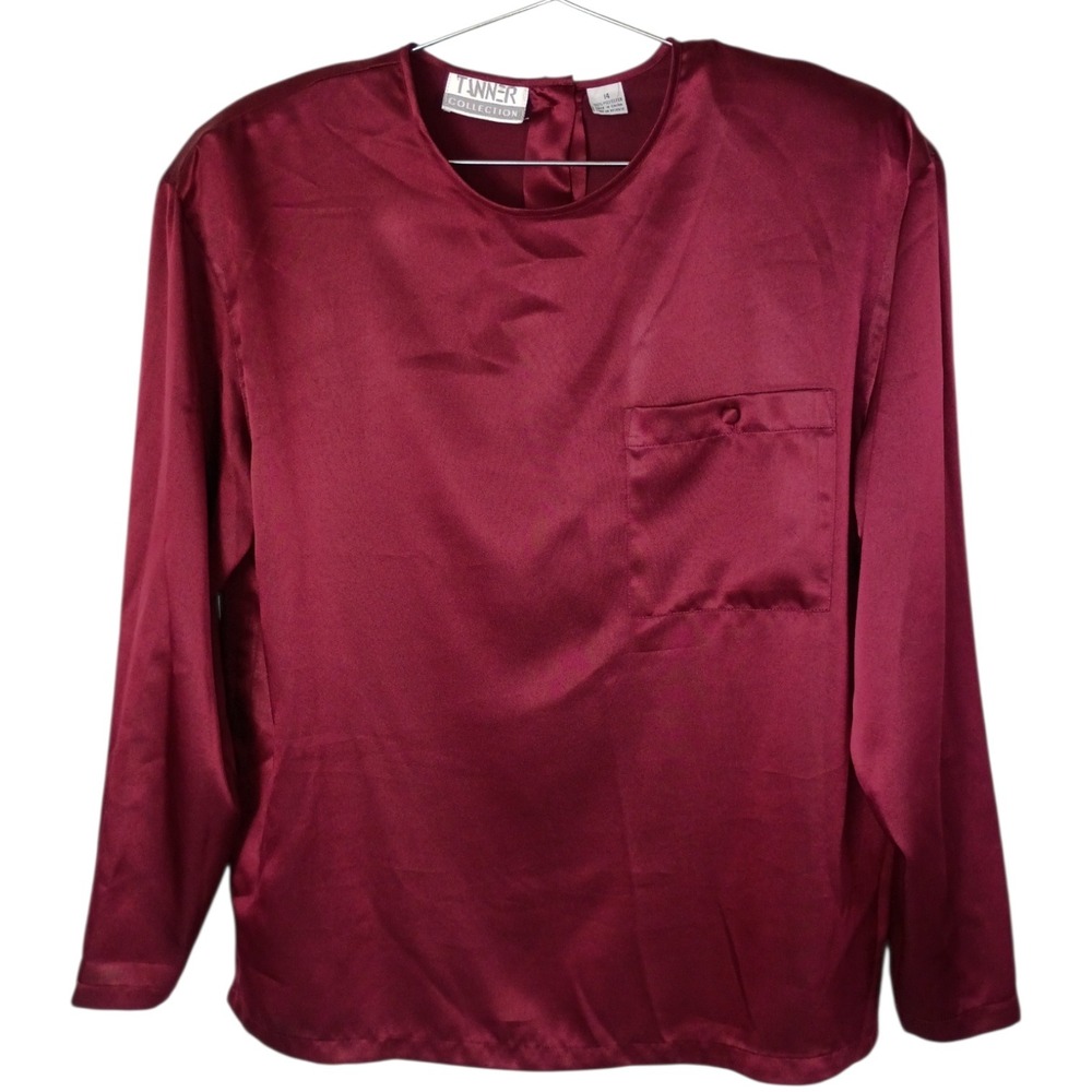 Vintage Tanner Collection Burgundy Satin Blouse Women Size 14 Long Sleeve‎ Top